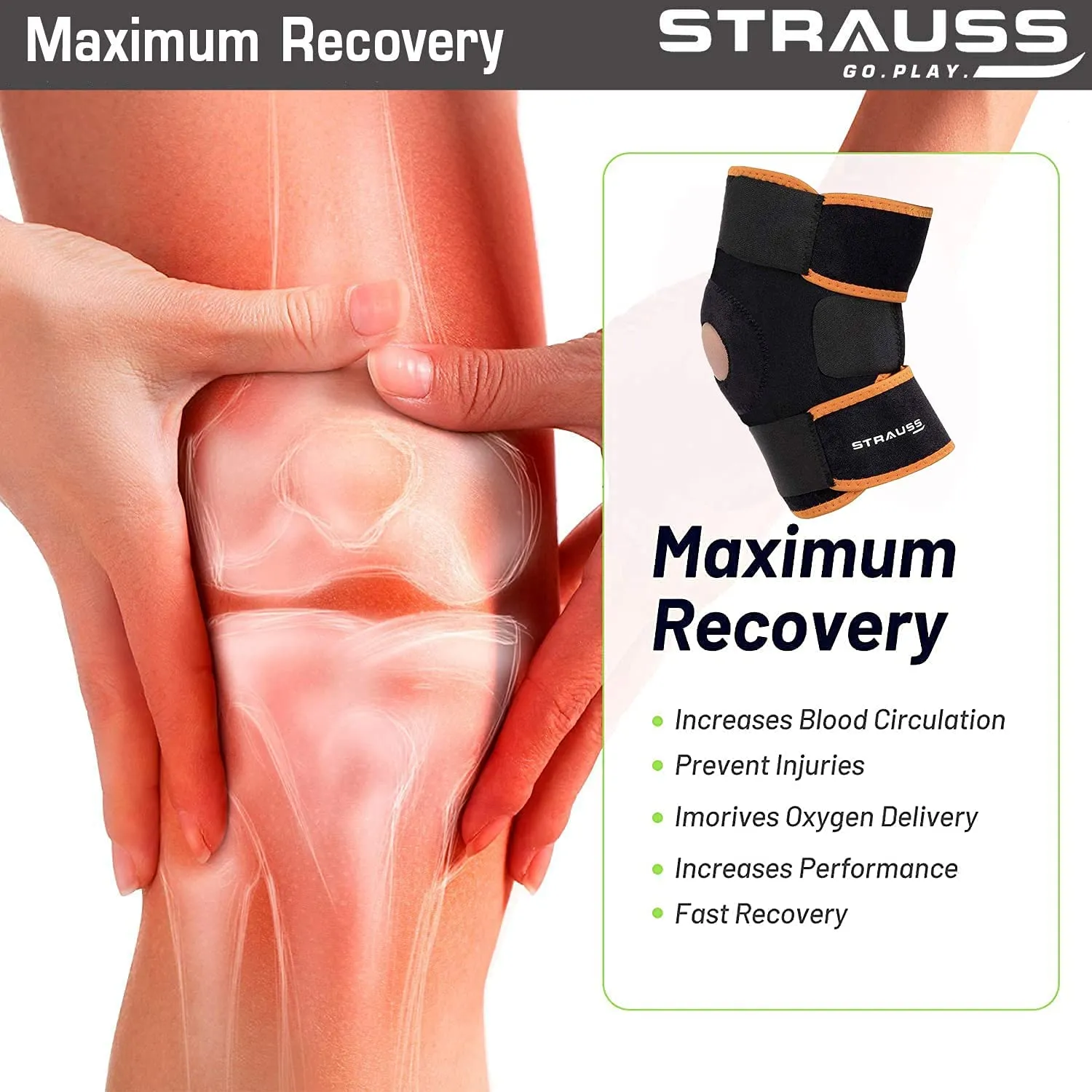 STRAUSS Adjustable Knee Support Patella | Compression Knee Brace for Men and Women, Breathable Material for Gym, Fitness, Basketball, Injury Recovery, Running, Sports| Single,(Black/Orange)