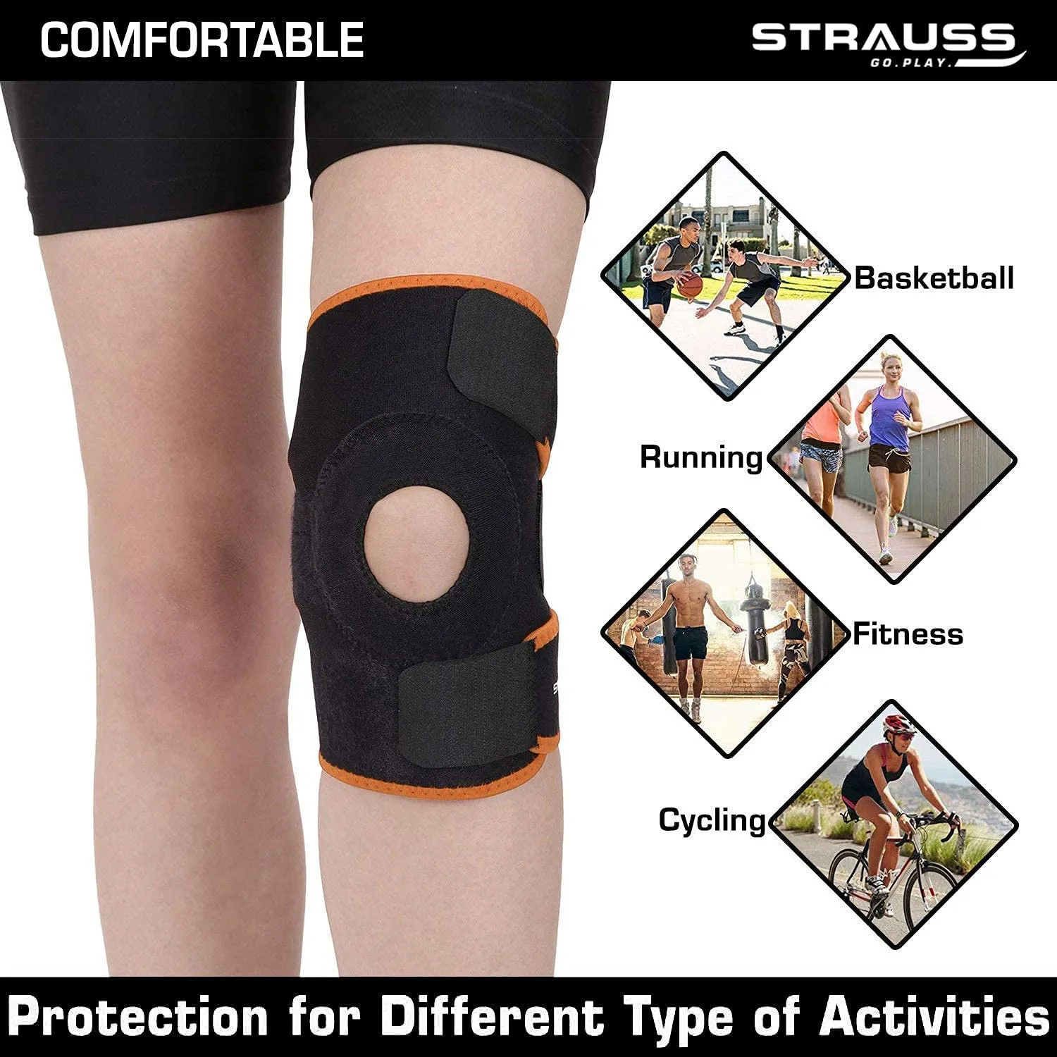 STRAUSS Adjustable Knee Support Patella | Compression Knee Brace for Men and Women, Breathable Material for Gym, Fitness, Basketball, Injury Recovery, Running, Sports| Single,(Black/Orange)