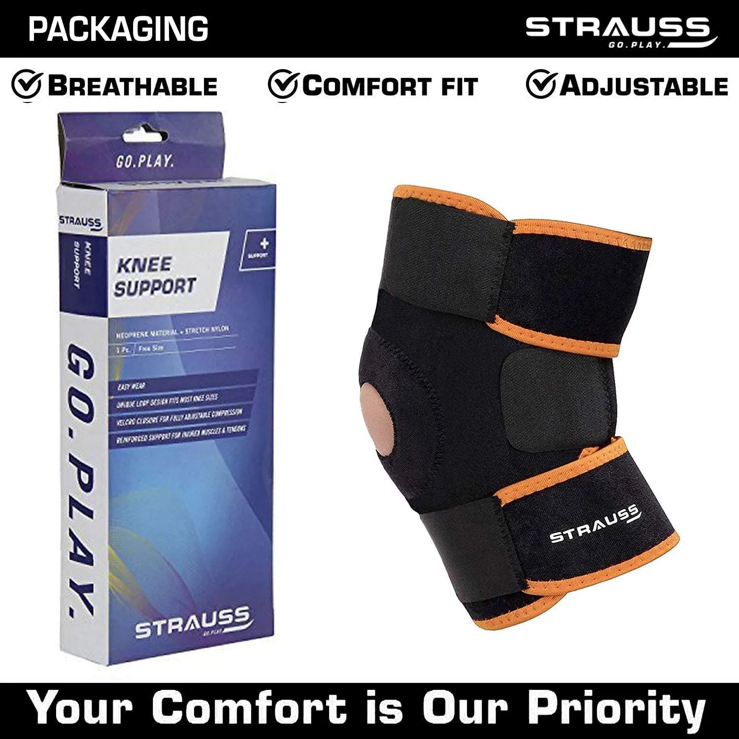 STRAUSS Adjustable Knee Support Patella | Compression Knee Brace for Men and Women, Breathable Material for Gym, Fitness, Basketball, Injury Recovery, Running, Sports| Single,(Black/Orange)