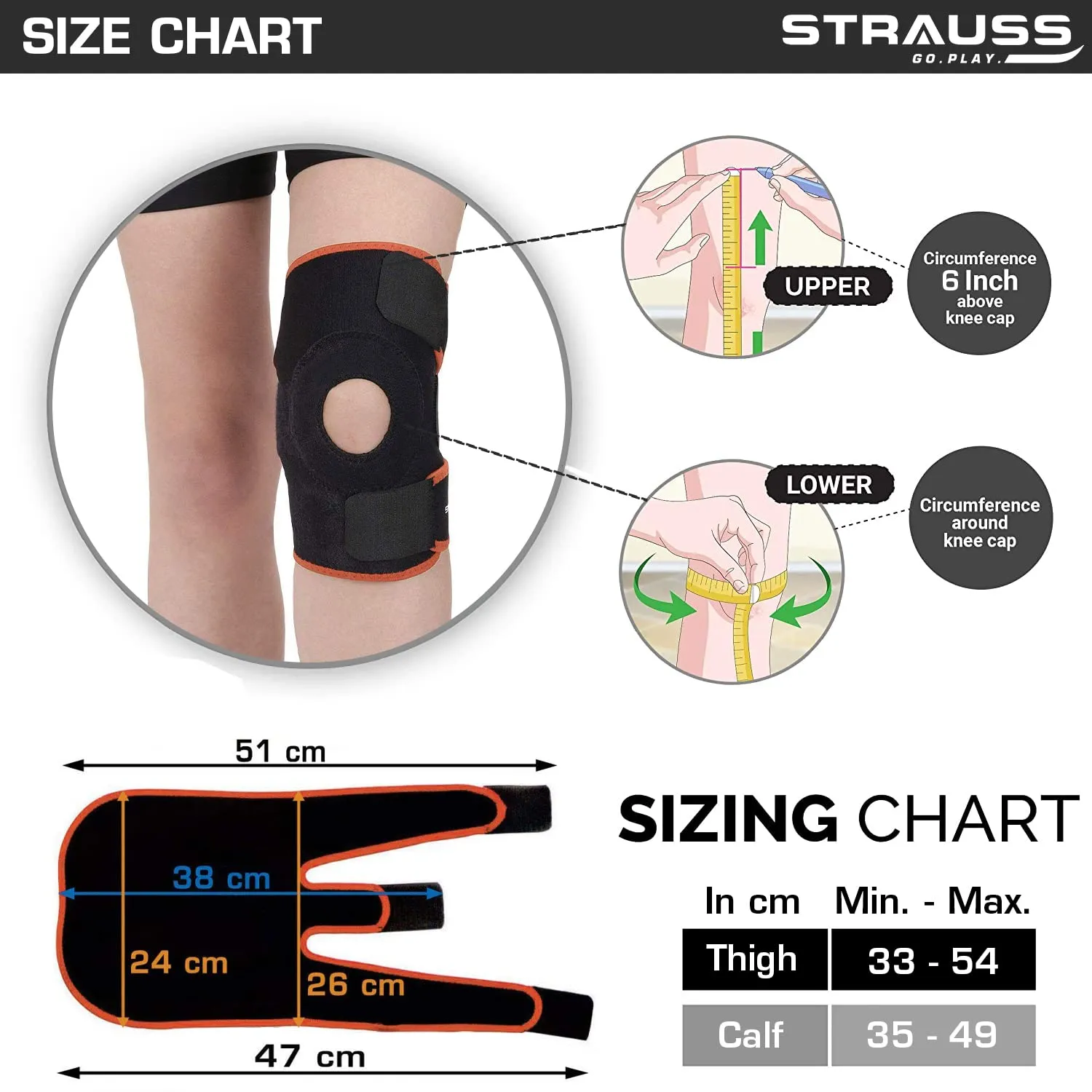 STRAUSS Adjustable Knee Support Patella | Compression Knee Brace for Men and Women, Breathable Material for Gym, Fitness, Basketball, Injury Recovery, Running, Sports| Single,(Black/Orange)