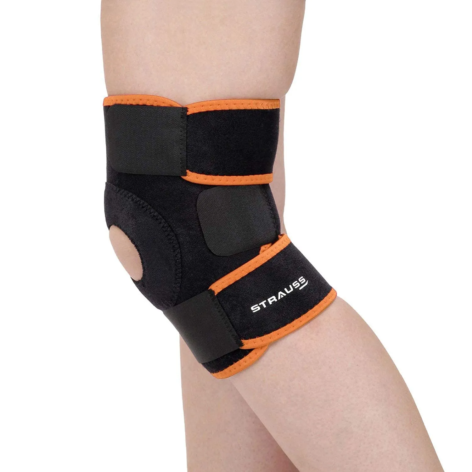 STRAUSS Adjustable Knee Support Patella | Compression Knee Brace for Men and Women, Breathable Material for Gym, Fitness, Basketball, Injury Recovery, Running, Sports| Single,(Black/Orange)