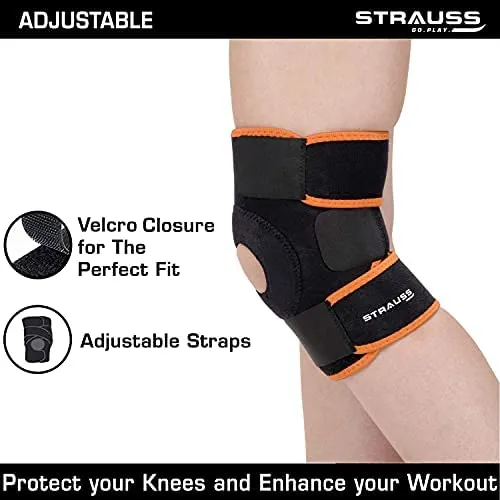 STRAUSS Adjustable Knee Support Patella | Compression Knee Brace for Men and Women, Breathable Material for Gym, Fitness, Basketball, Injury Recovery, Running, Sports| Single,(Black/Orange)