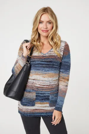 Striped V-Neck Long Sleeve Knit Jumper