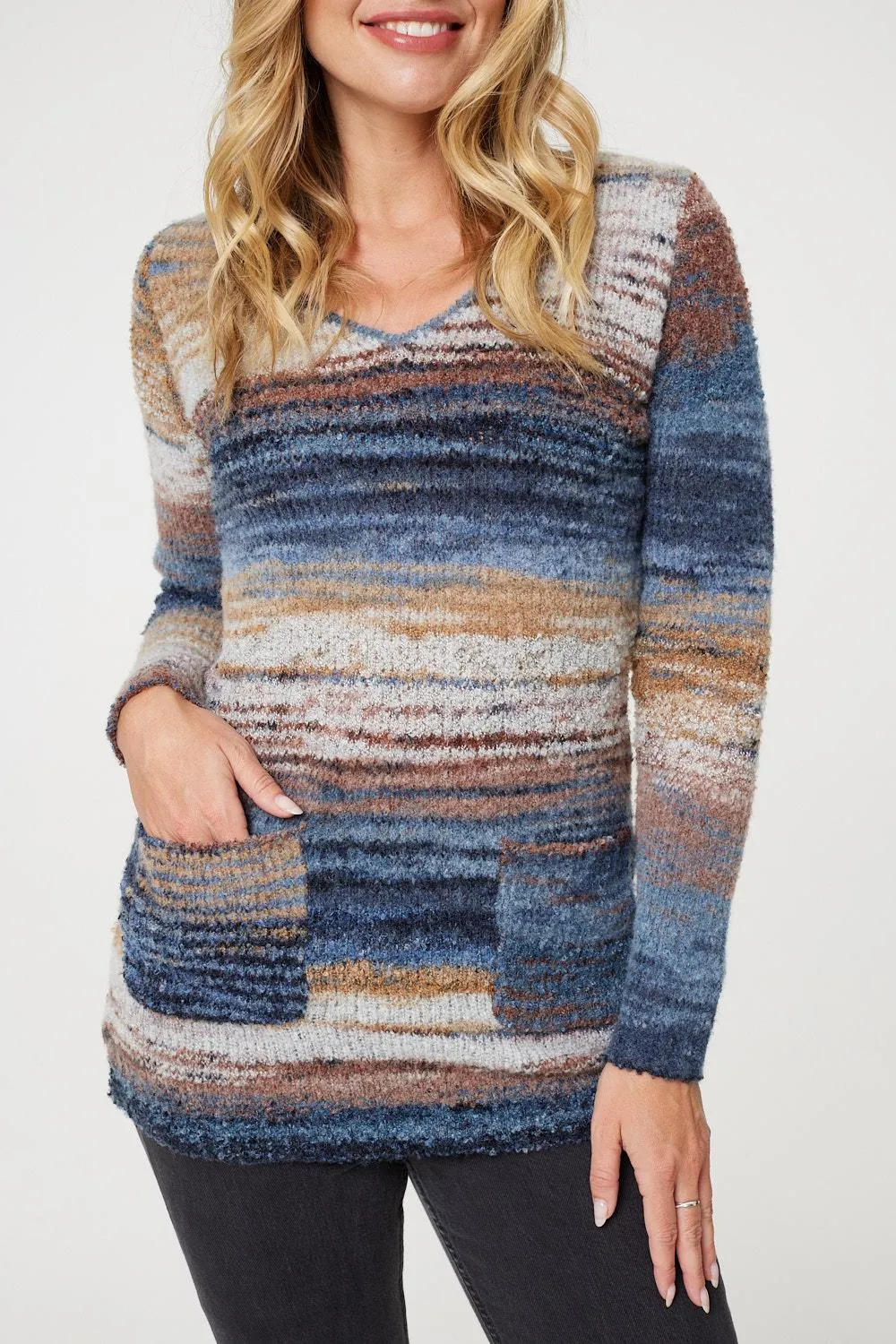 Striped V-Neck Long Sleeve Knit Jumper