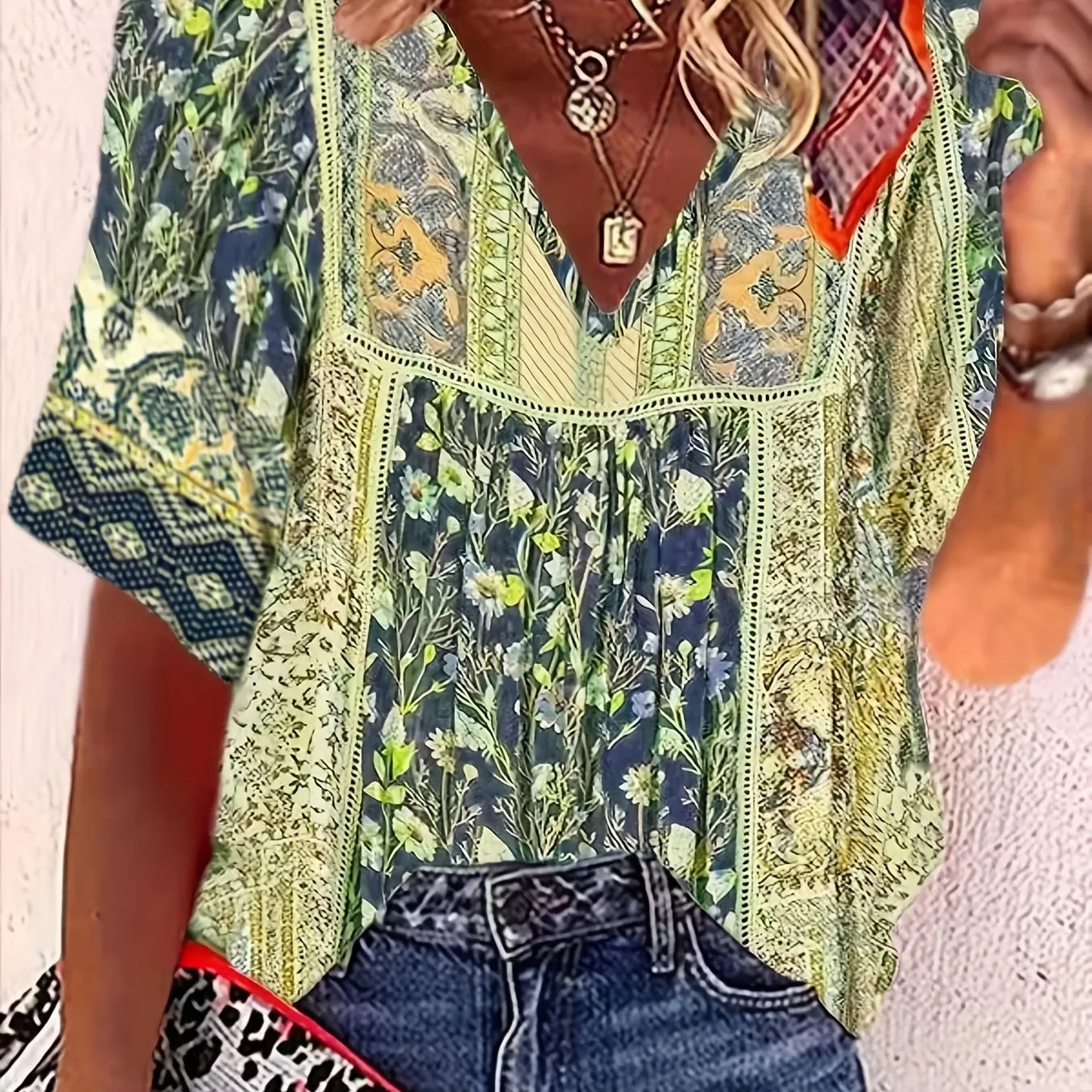 Summer Boho-Chic Floral V-Neck Blouse - Easy-Care, Breezy Women's Half-Sleeve Top in 100% Polyester