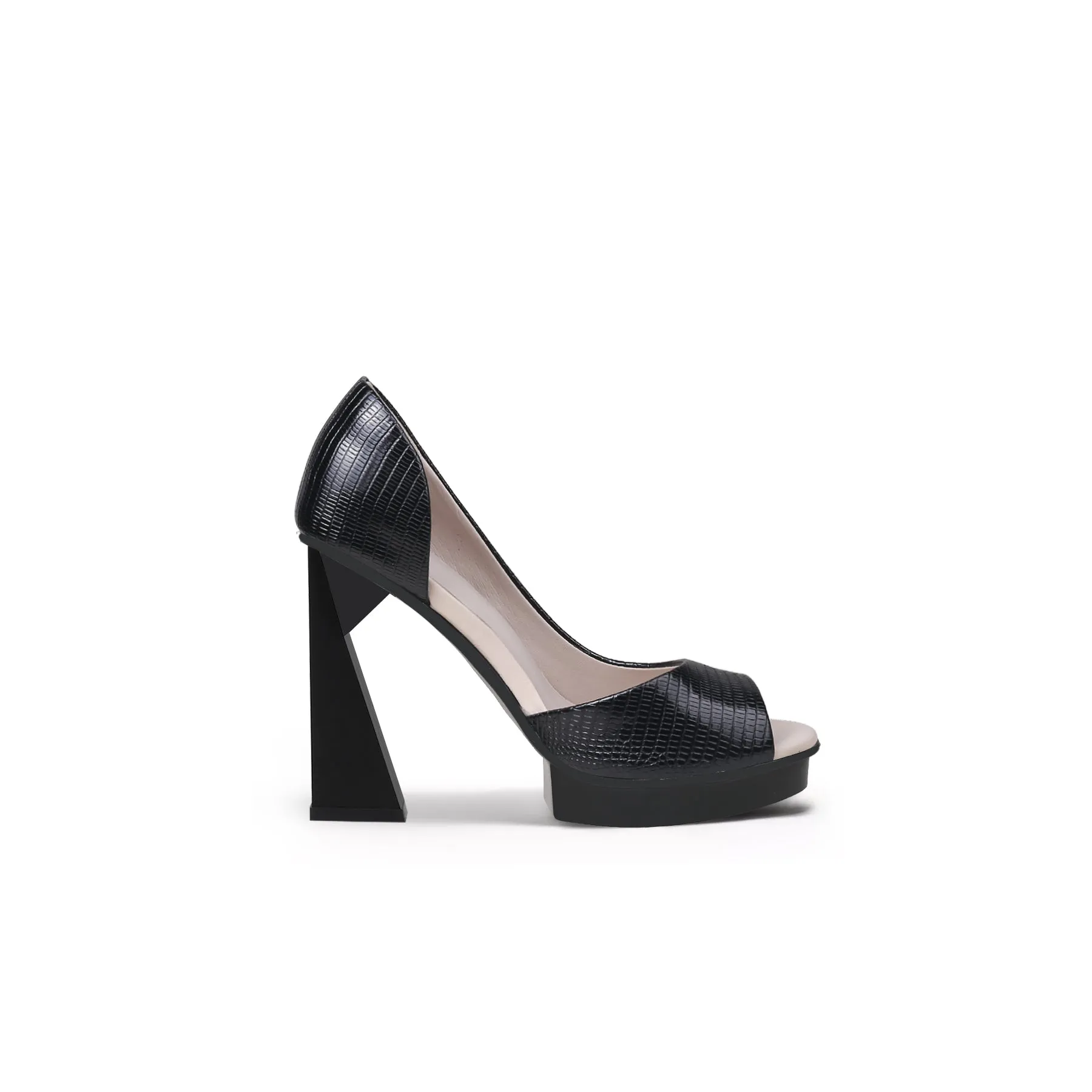 Textured Open Toe Trape Heel Pumps