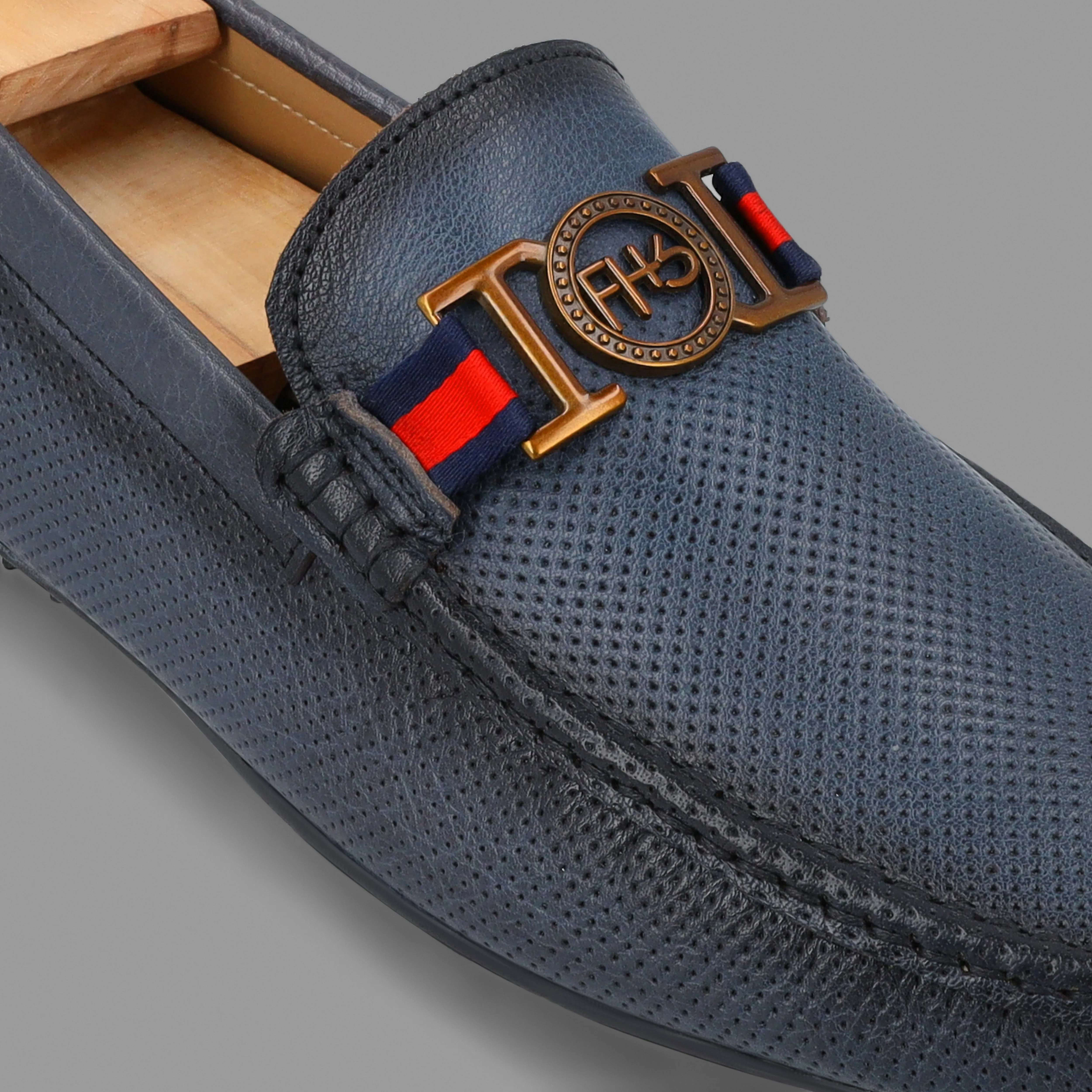 Two Tone FHS Golden Buckled Moccasins-Navy