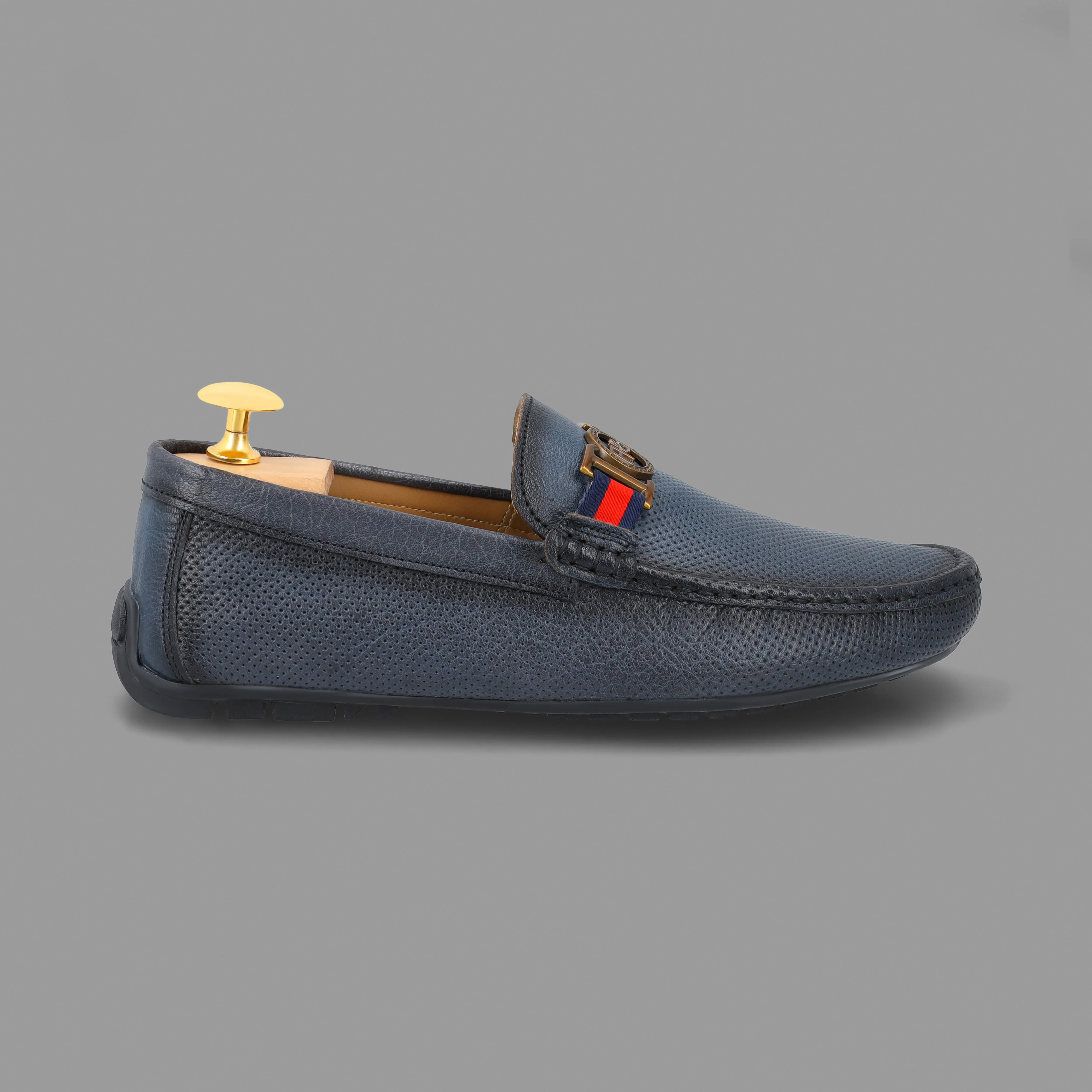 Two Tone FHS Golden Buckled Moccasins-Navy