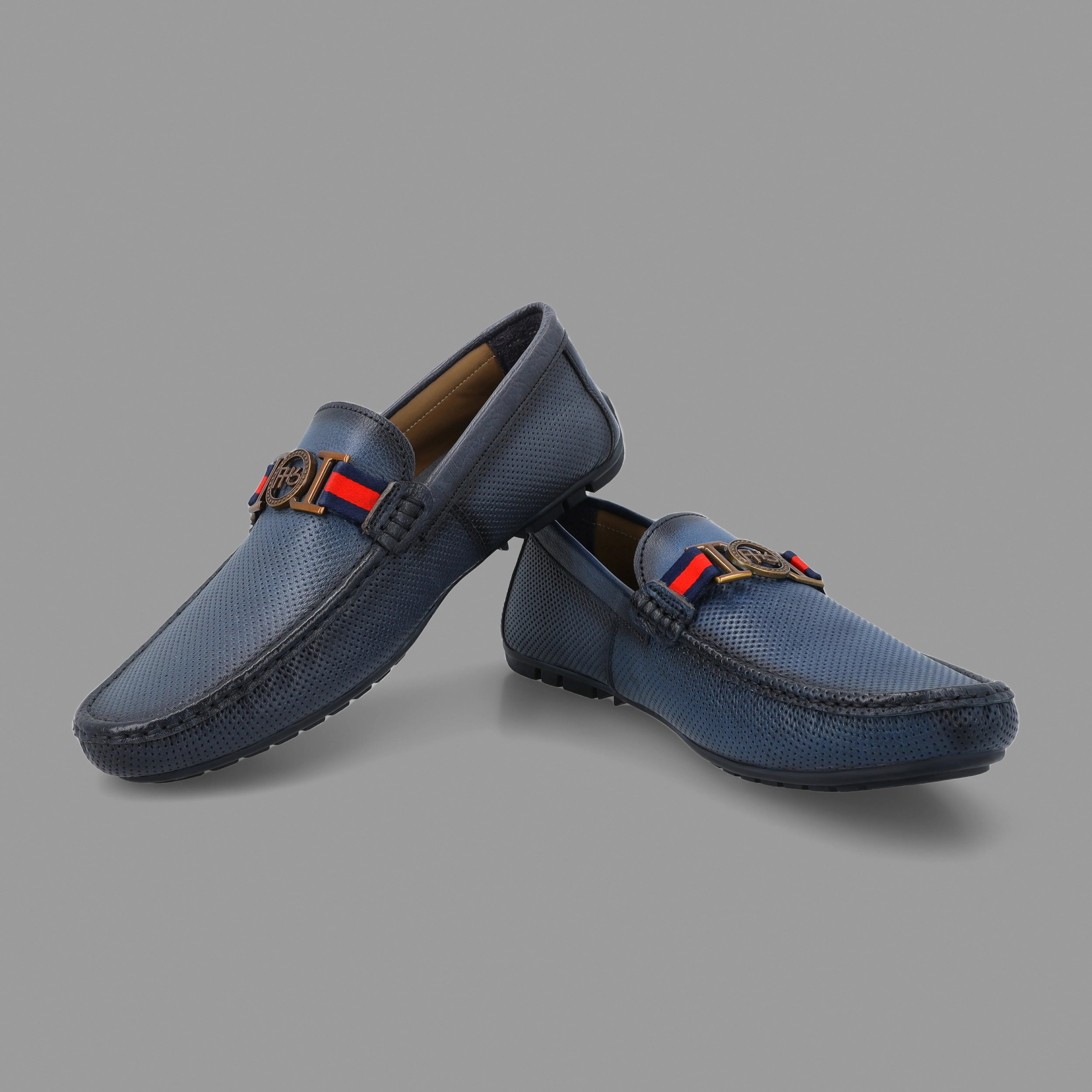 Two Tone FHS Golden Buckled Moccasins-Navy