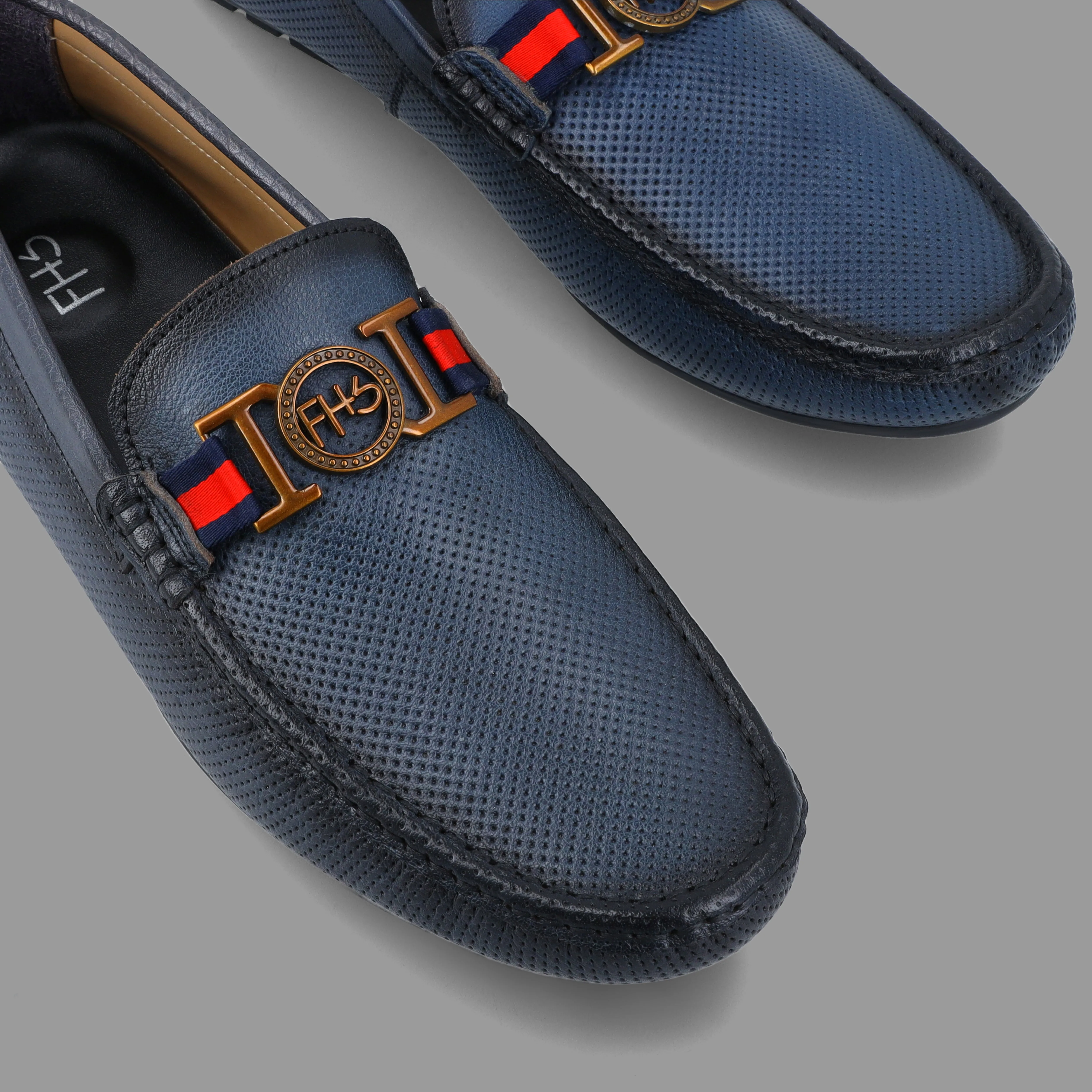 Two Tone FHS Golden Buckled Moccasins-Navy