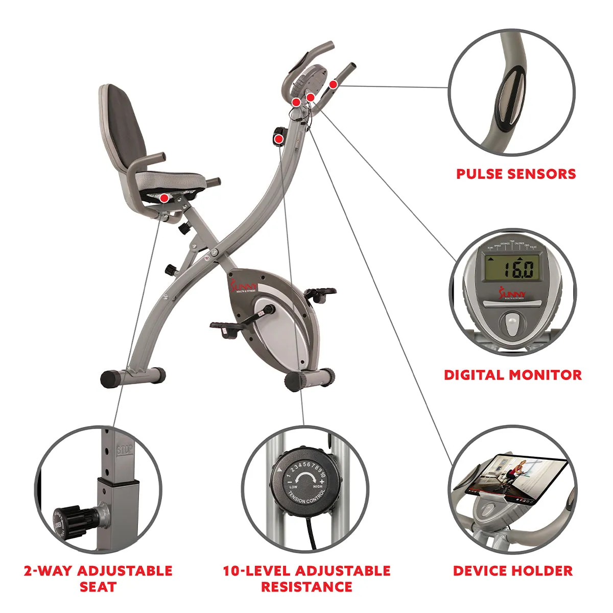 Upright Folding Magnetic Semi Recumbent  Bike, Comfort XL w/ High Weight Capacity and Pulse Rate