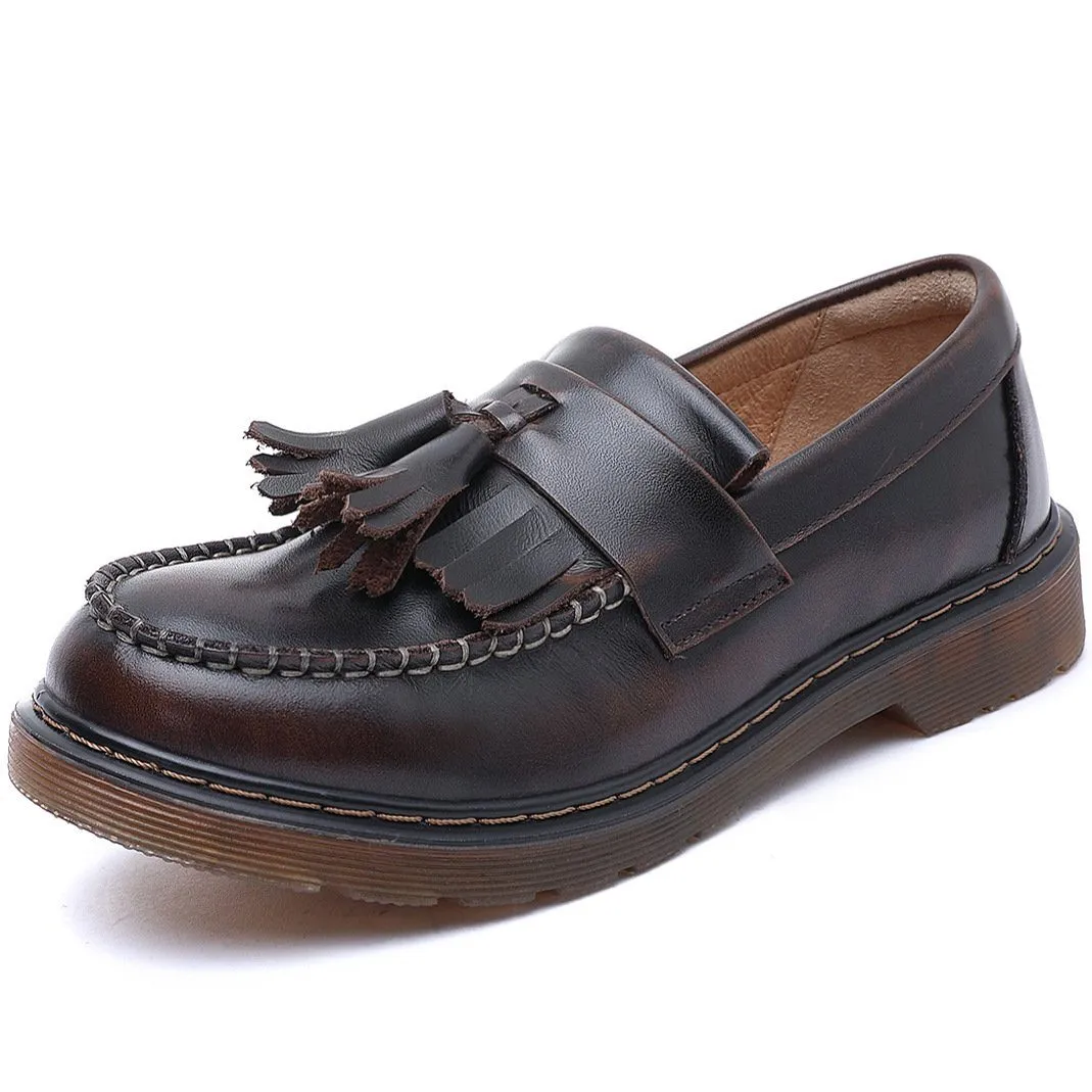 Waxing leather Penny Loafers with Tassels Handmade Working Shoes Black/Brown