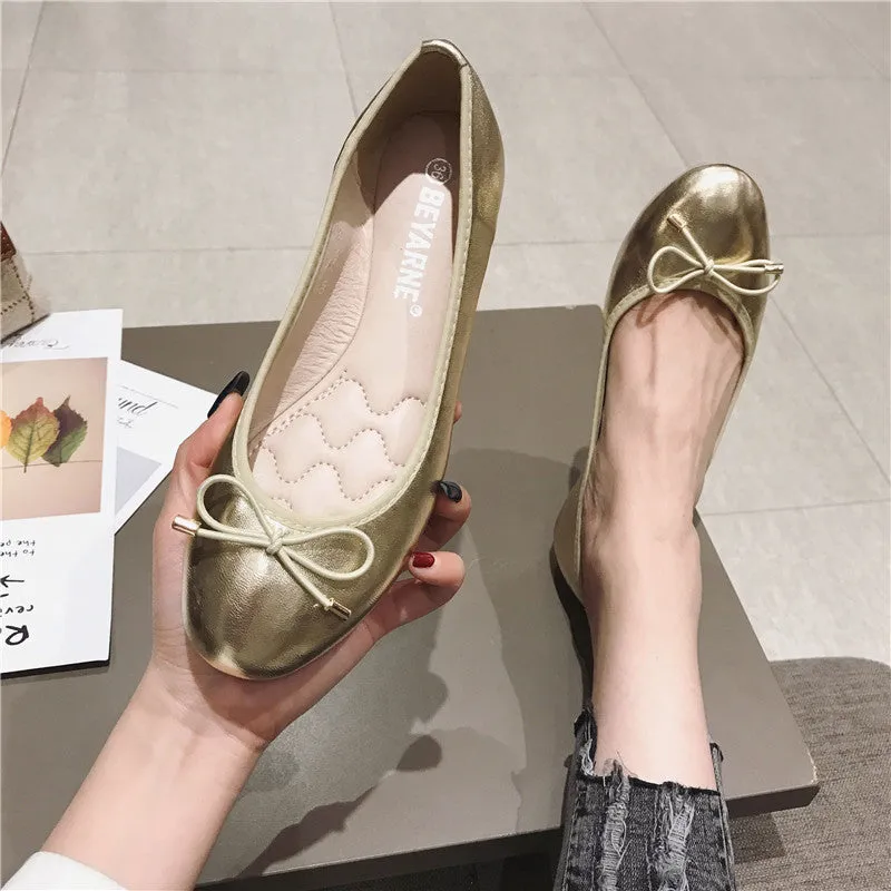 Wenkouban shoes round Toe Bow Shallow Mouth Flat Shoes Women's Shoes plus Size Peas Shoes Floating Shoes