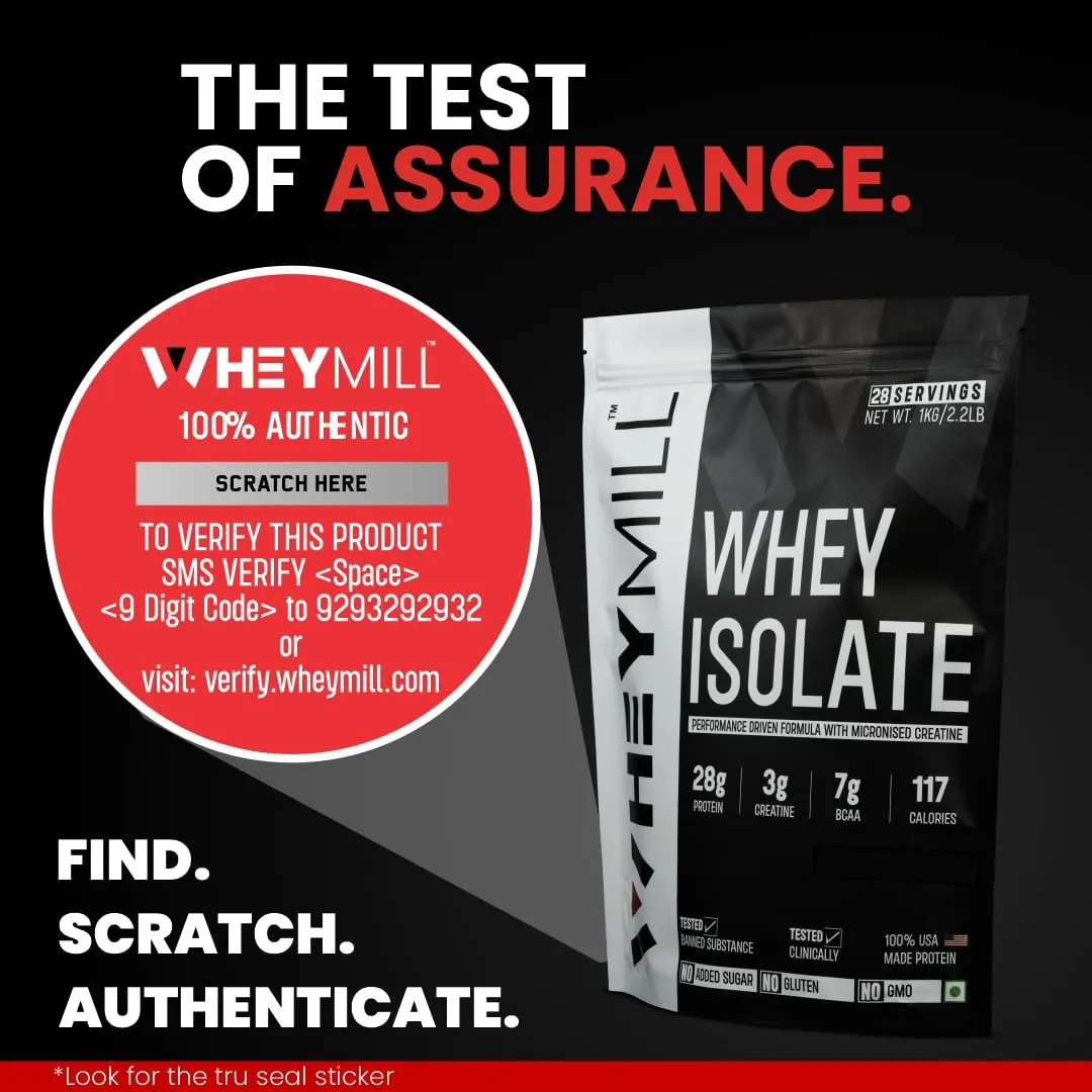 WHEYMILL 100% Whey Protein Isolate 28G Protein,3G Creatine,7G Bcaa Easy Mixing,Low Carbs Whey Protein Isolate Supplement Powder With Creatine For Men,Women&Athletes(1 Kg/2.2Lb 28 Servings Chocolate)