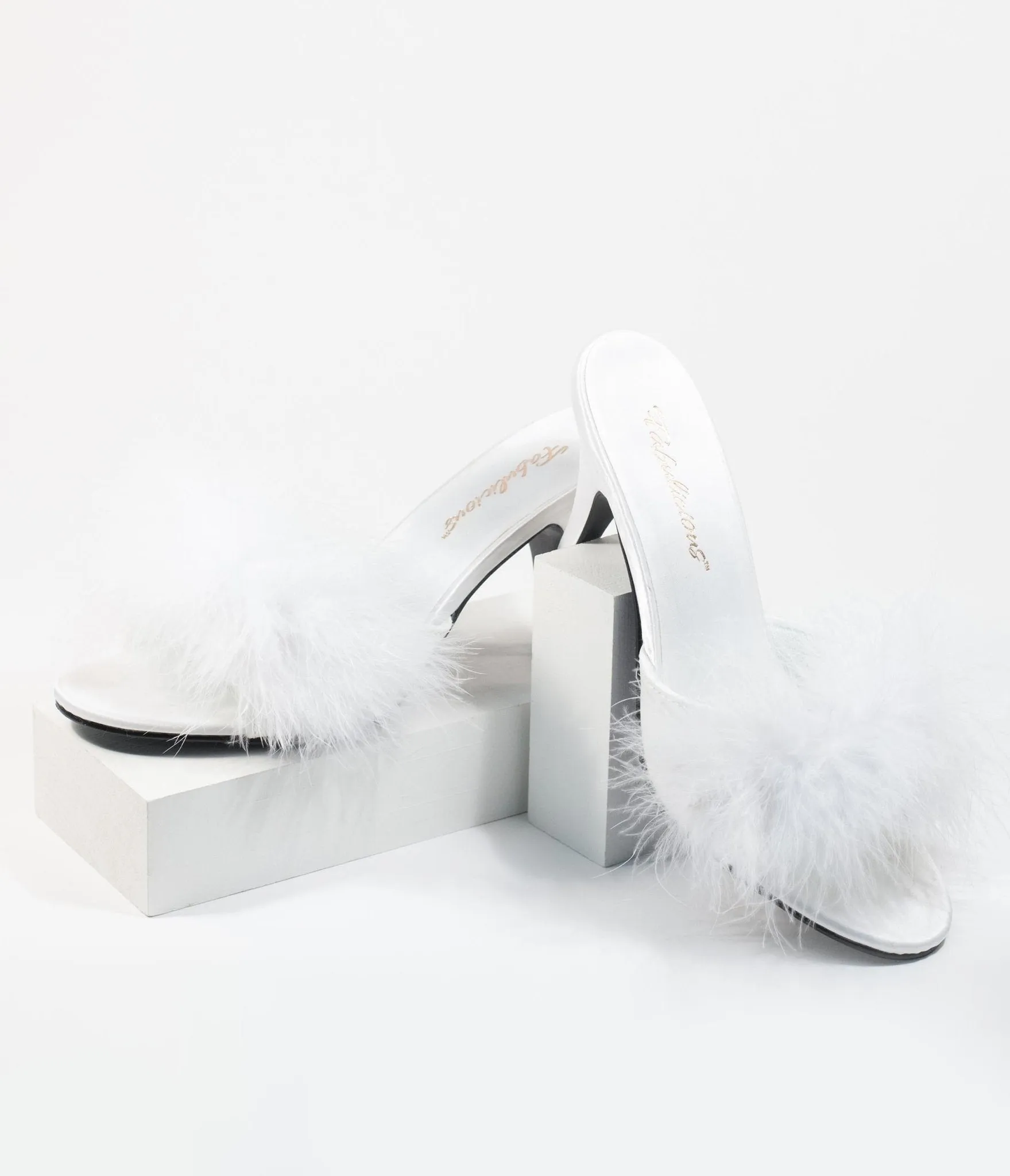 White Marabou Feather Peep Toe Slipper Heel