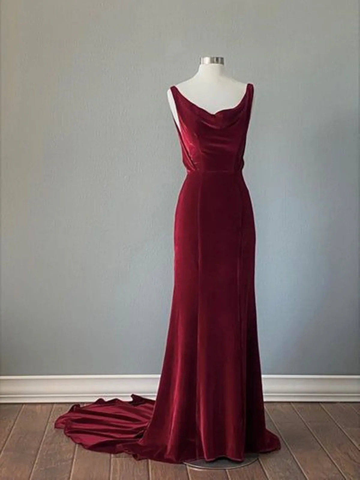 Wine Red Velvet Backless Straps Prom Dress, Wine Red Velvet Party Dress