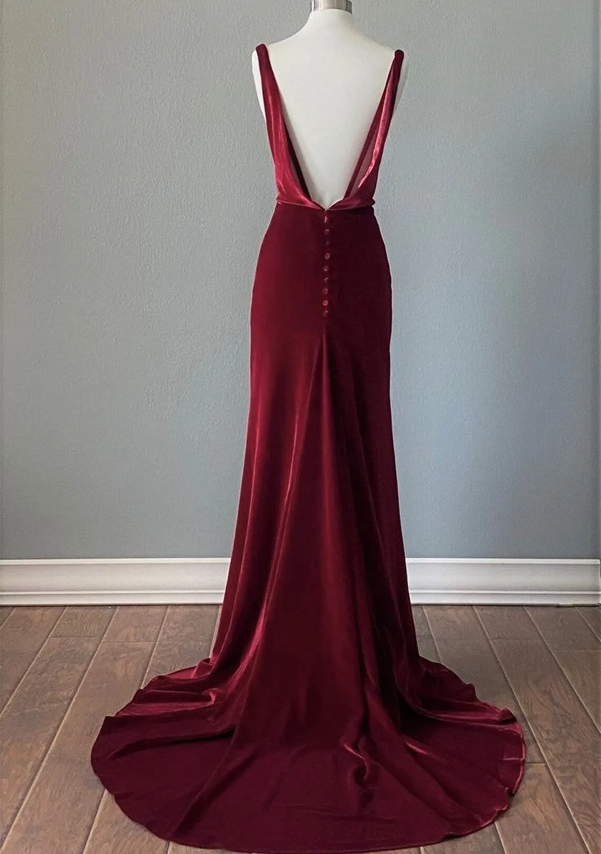 Wine Red Velvet Backless Straps Prom Dress, Wine Red Velvet Party Dress