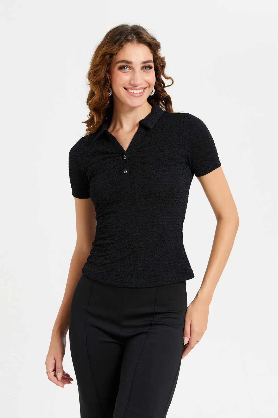 Women Black Plain Collared Polo T-Shirt