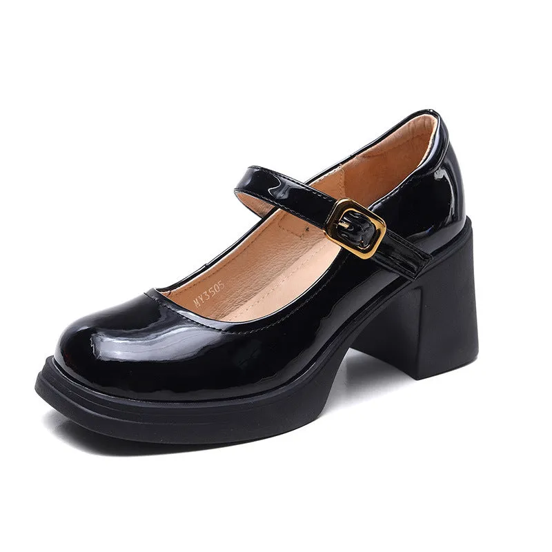 Women Minimalism Leather Chunky Heel Mary Jane Shoes