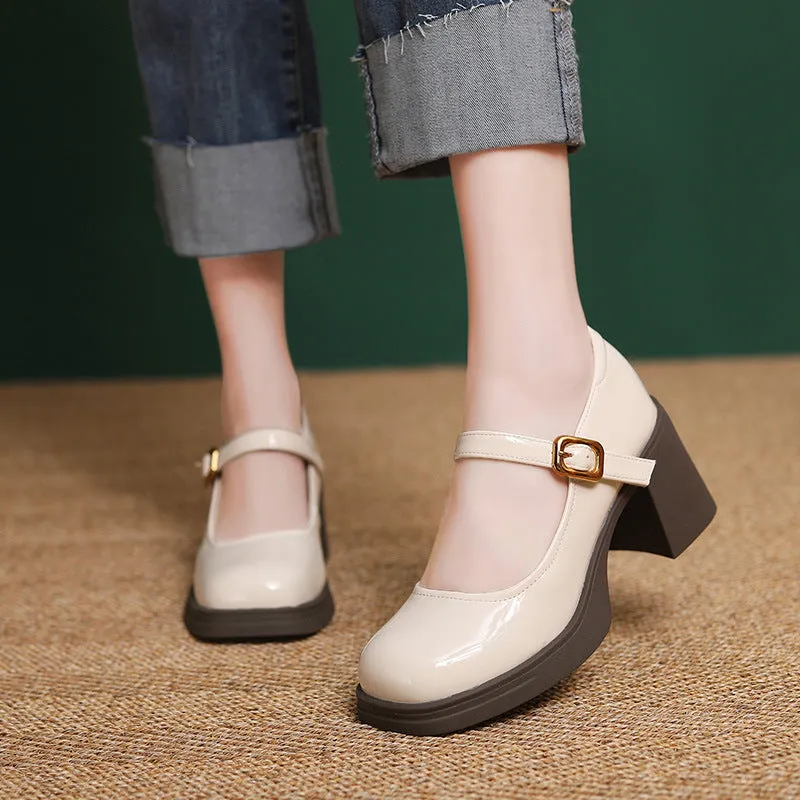 Women Minimalism Leather Chunky Heel Mary Jane Shoes