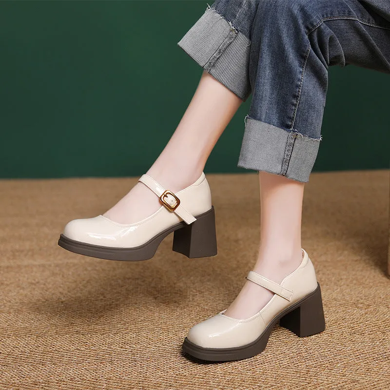 Women Minimalism Leather Chunky Heel Mary Jane Shoes