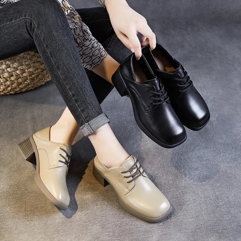 Women Minimalism Soft Sheepskin Chunky Heel Casual Shoes