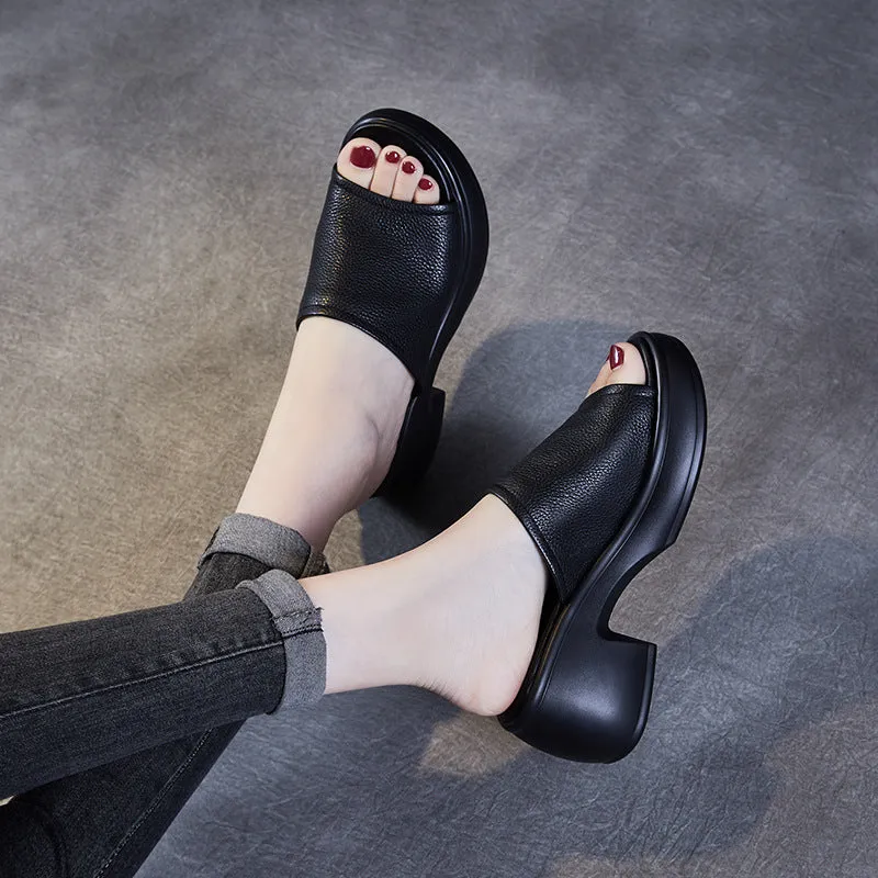 Women Minimalist Leather Chunky Heel Slides Sandals