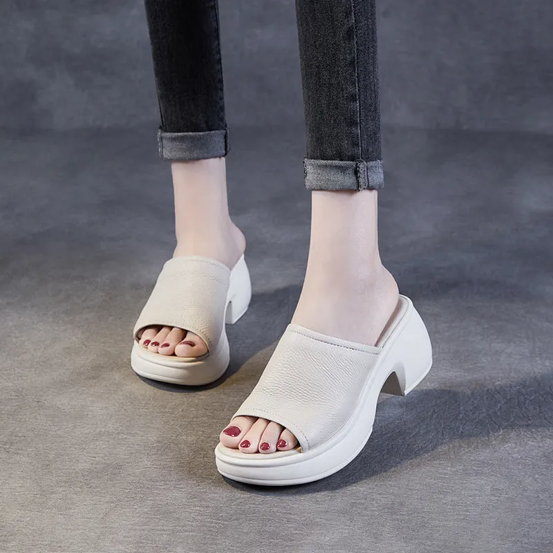 Women Minimalist Leather Chunky Heel Slides Sandals