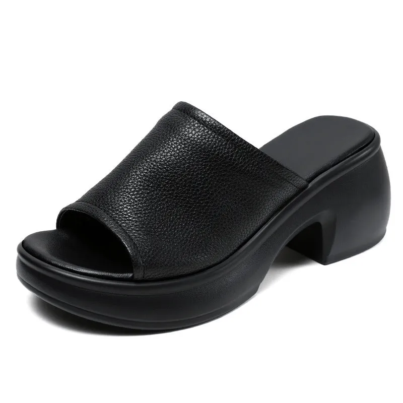 Women Minimalist Leather Chunky Heel Slides Sandals