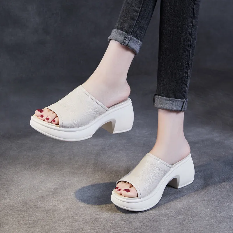 Women Minimalist Leather Chunky Heel Slides Sandals