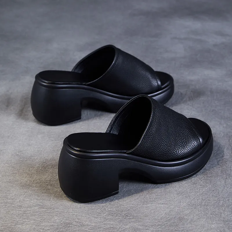 Women Minimalist Leather Chunky Heel Slides Sandals