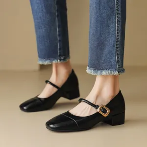 Women Minimalist Retro Leather Low Block Pumps