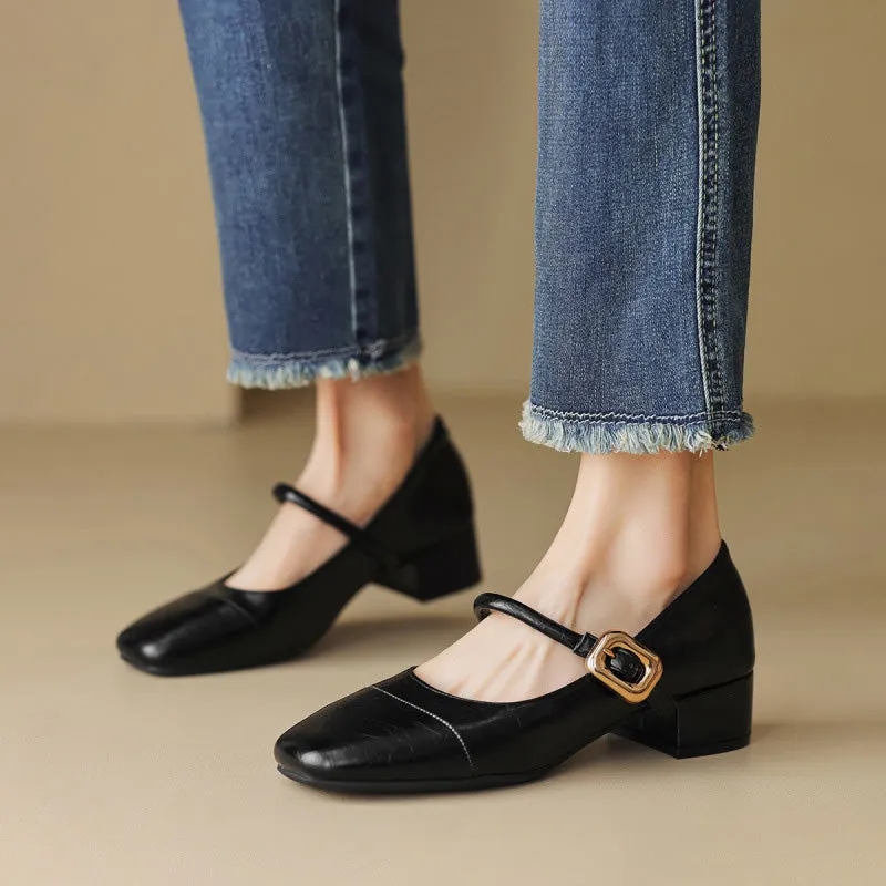 Women Minimalist Retro Leather Low Block Pumps