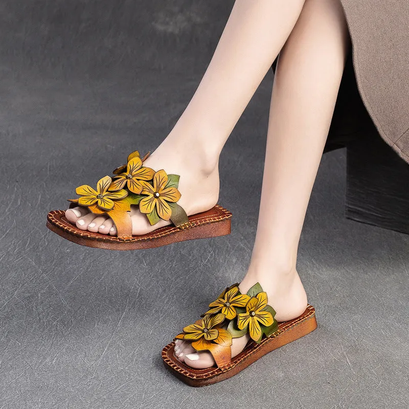 Women Retro Casual Flower Leather Flat Slides