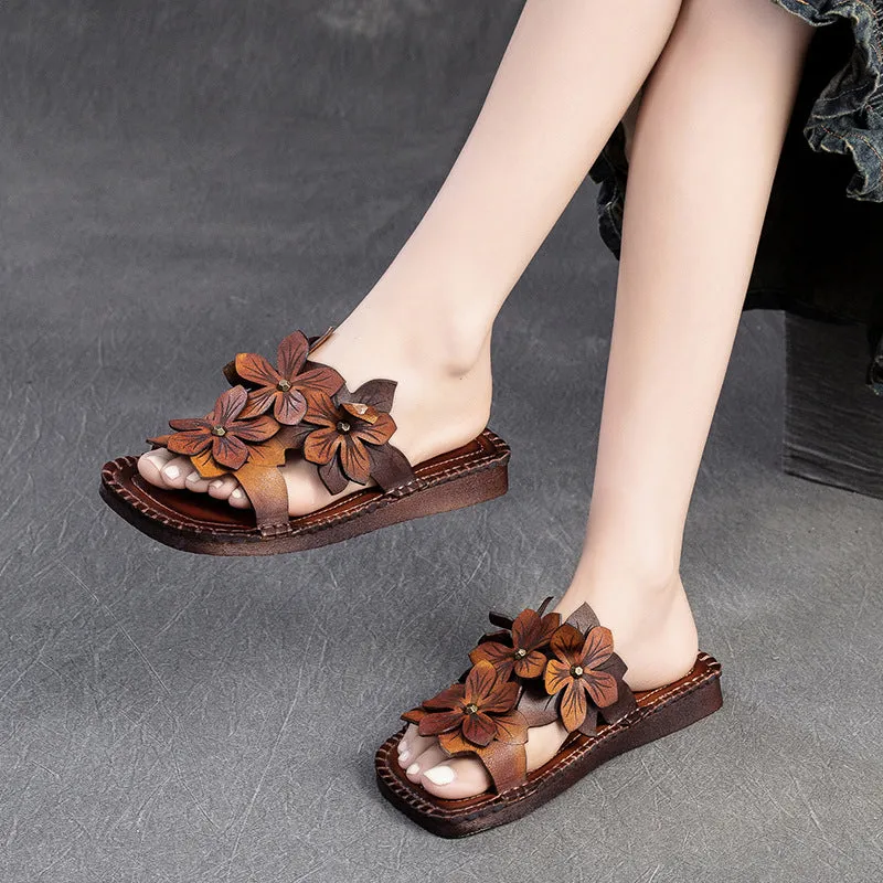 Women Retro Casual Flower Leather Flat Slides