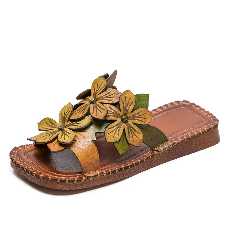 Women Retro Casual Flower Leather Flat Slides