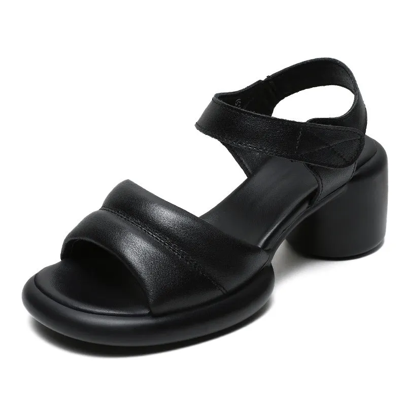 Women Retro Casual Leather Chunky Heel Sandals