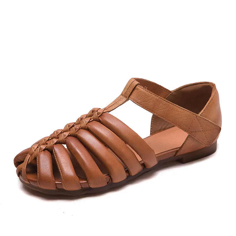 Women Retro Handmade Leather Flat Summer Sandals