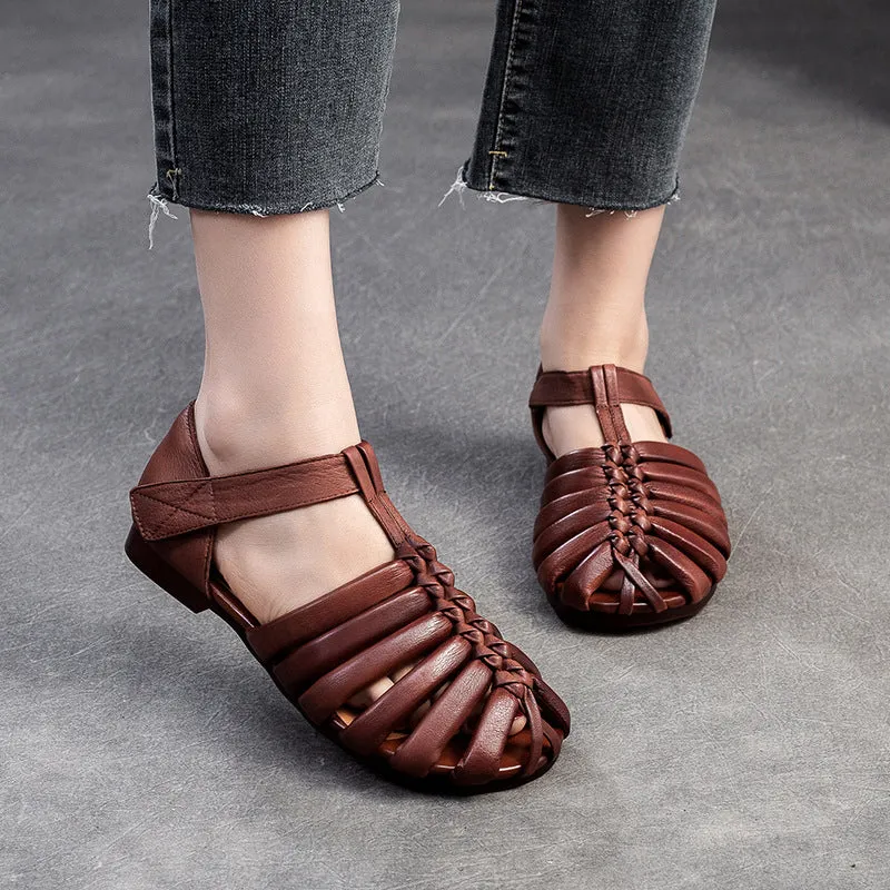 Women Retro Handmade Leather Flat Summer Sandals