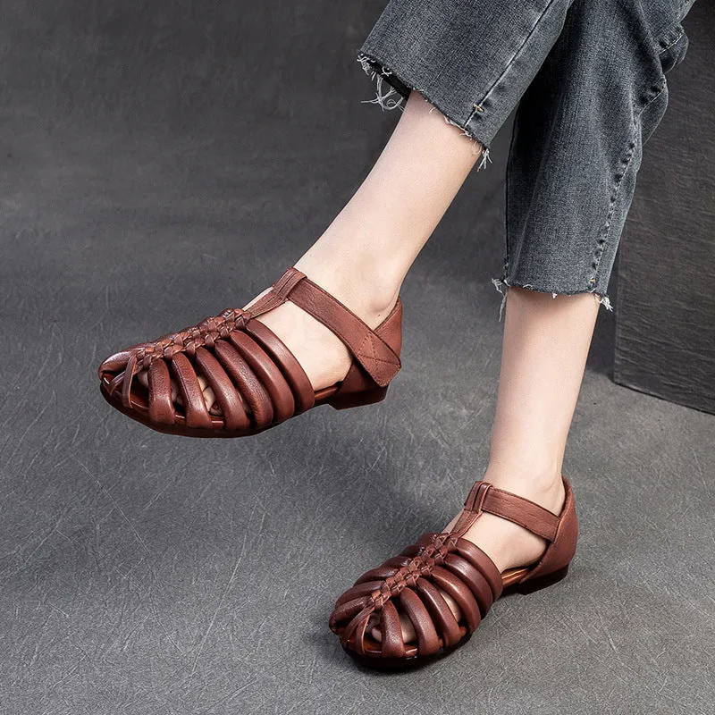 Women Retro Handmade Leather Flat Summer Sandals