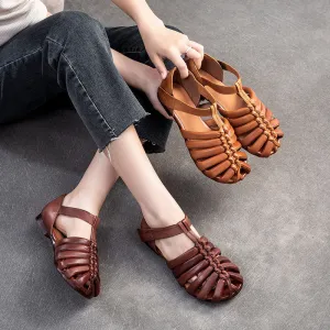 Women Retro Handmade Leather Flat Summer Sandals