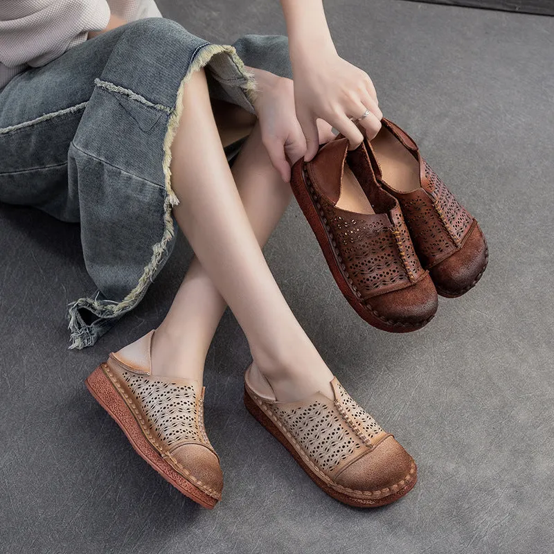 Women Retro Hollow Breathable Leather Casual Flats