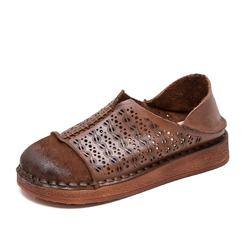 Women Retro Hollow Breathable Leather Casual Flats