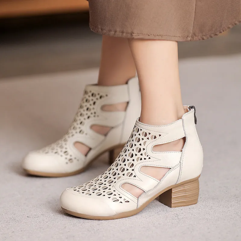 Women Retro Hollow Leather High Top Bootie Sandals