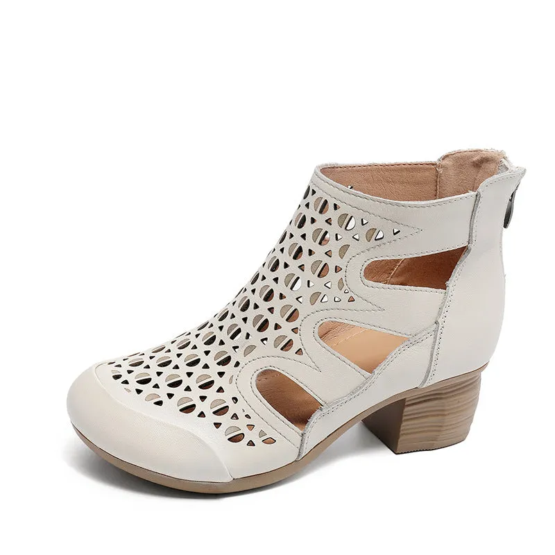 Women Retro Hollow Leather High Top Bootie Sandals