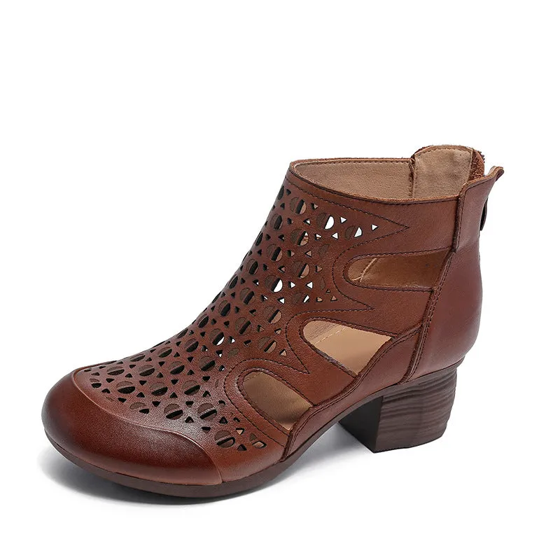 Women Retro Hollow Leather High Top Bootie Sandals