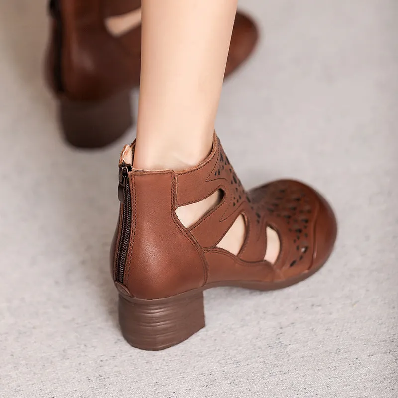 Women Retro Hollow Leather High Top Bootie Sandals