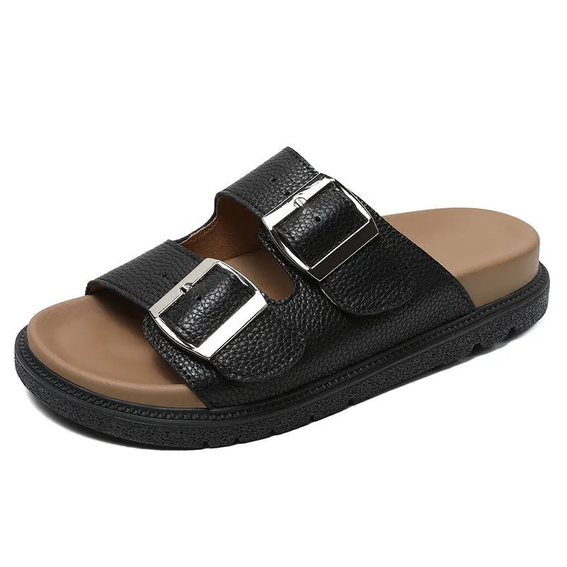 Women Retro Leather Casual Buckle Slides