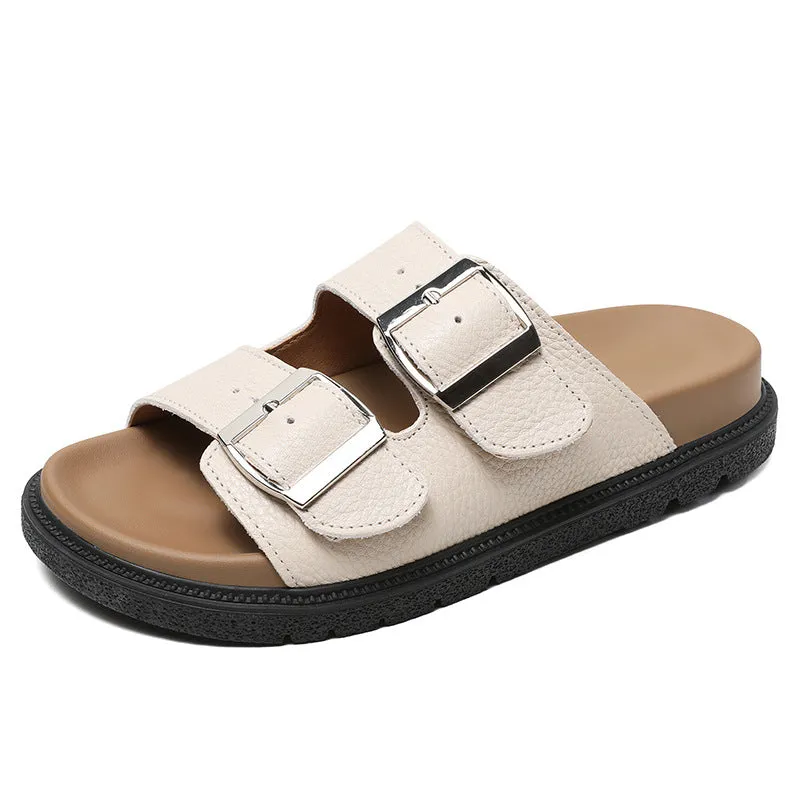 Women Retro Leather Casual Buckle Slides