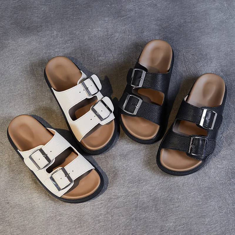 Women Retro Leather Casual Buckle Slides